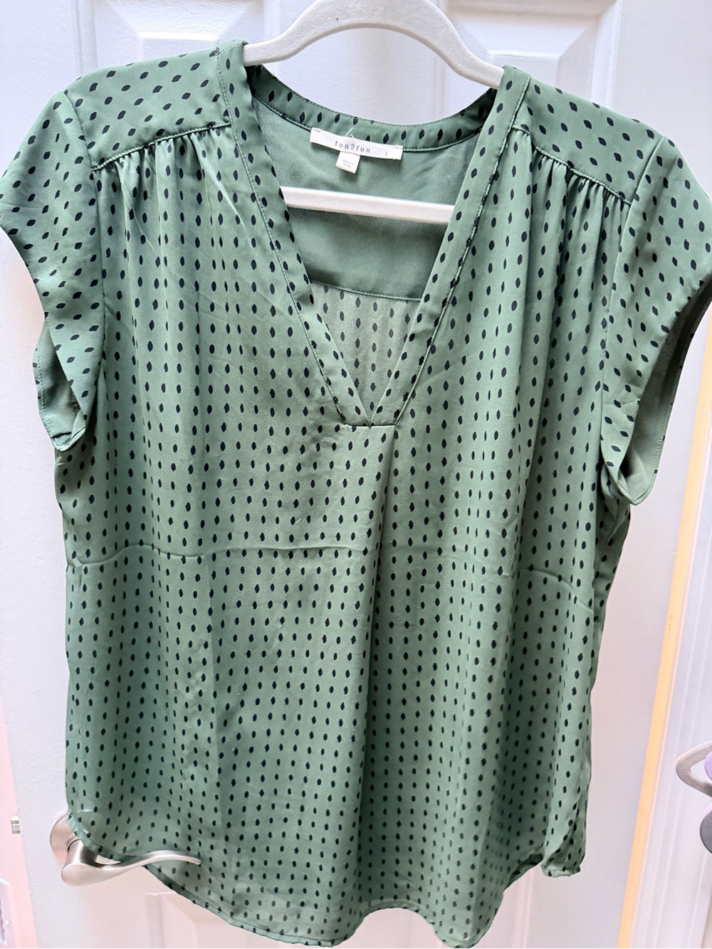 Lush Green Polka Dot V-Neck Blouse - Women